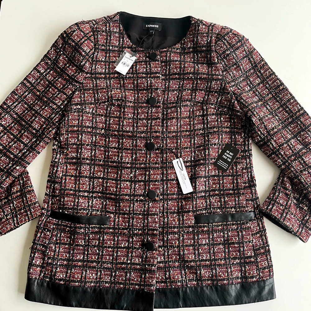 EXPRESS Plaid Metallic Tweed Burgundy Multi Blazer Coat Jacket Faux Leather Trim